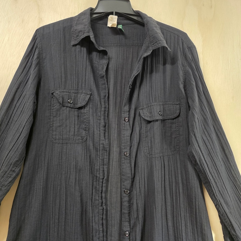 Lauren Ralph Lauren Black Cotton Gauze Roll Tab Beach Cover Up Shirt Medium - Picture 14 of 15
